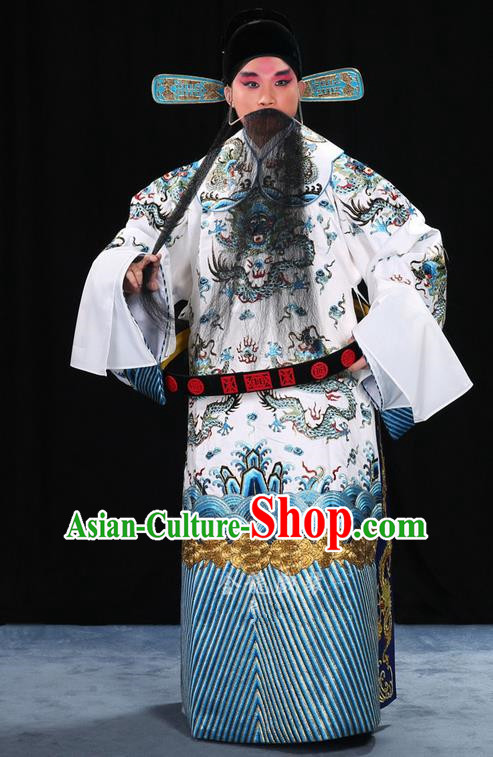 Traditional Chinese Beijing Opera Male White Clothing and Belts Complete Set, China Peking Opera His Royal Highness Costume Embroidered Robe Dragon robe Opera Costumes