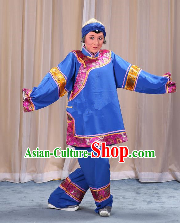 Traditional Chinese Beijing Opera Old Female Blue Clothing and Shoes Headwear Complete Set, China Peking Opera Woman Matchmaker Costume Embroidered Opera Costumes