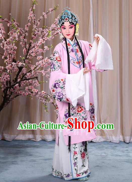 Traditional Chinese Beijing Opera Shaoxing Opera Young Female Pink Clothing and Headwear Shoes Complete Set, China Peking Opera Diva Role Hua Tan Costume Embroidered Opera Bride Costumes