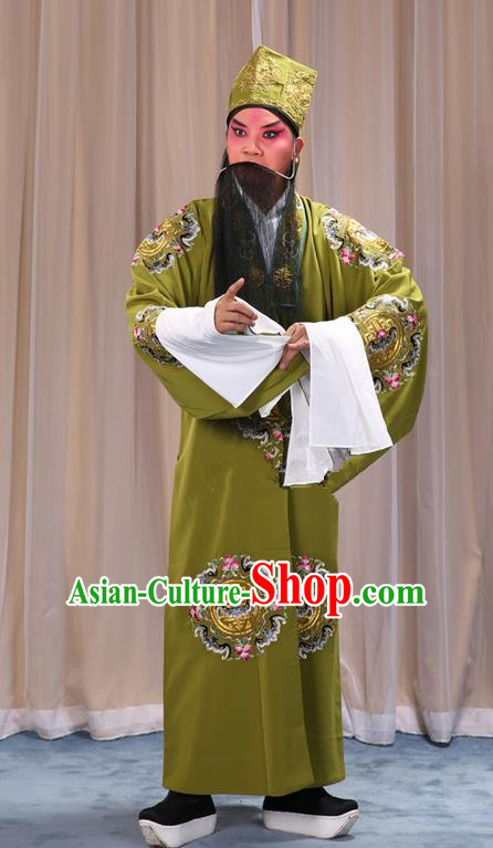 Traditional Chinese Beijing Opera Old Male Landlord Green Clothing and Headwear Boots Complete Set, China Peking Opera Laosheng-role Costume Ministry Councillor Embroidered Clothing Opera Costumes