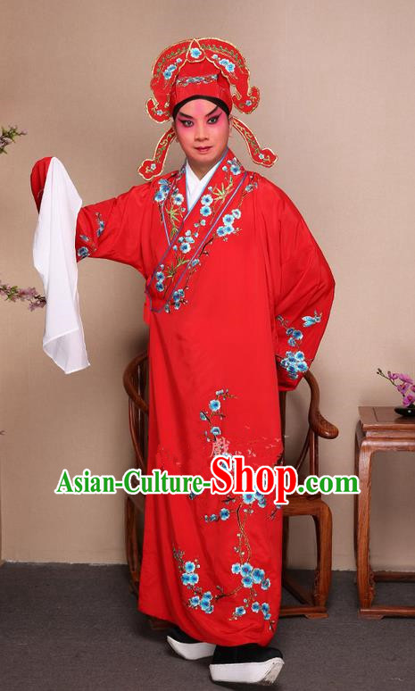 Traditional Chinese Beijing Opera Niche Red Dress Clothing Complete Set, China Peking Opera Young Man Costume Embroidered Plum Blossom Robe Opera Costumes