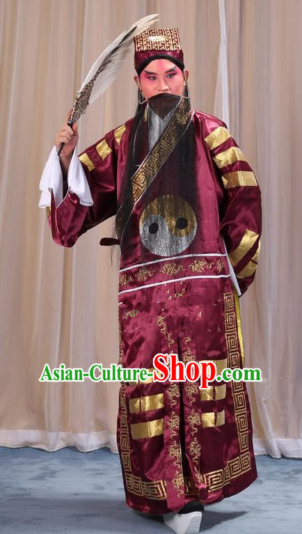 Traditional Chinese Beijing Opera Red Eight Diagrams Clothing and Boots Feather Fan Complete Set, China Peking Opera Zhuge Liang Costume Embroidered Military Counsellor Robe Opera Costumes