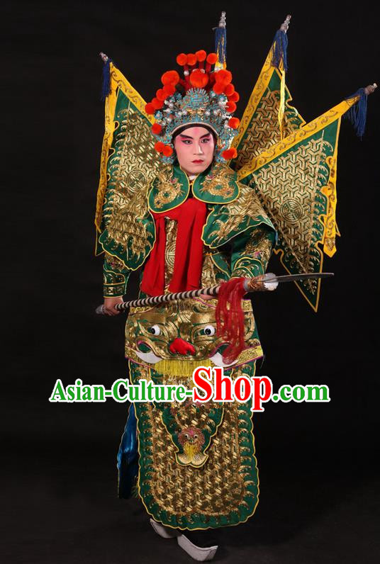 Traditional Chinese Beijing Opera Military Officer Armour Green Clothing and Boots Complete Set, China Peking Opera Martial General Role Costume Embroidered Opera Tiger Head Costumes
