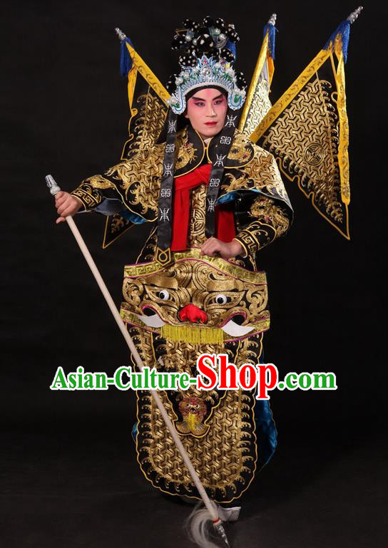 Traditional Chinese Beijing Opera Military Officer Armour Black Clothing and Boots Complete Set, China Peking Opera Martial General Role Costume Embroidered Opera Tiger Head Costumes