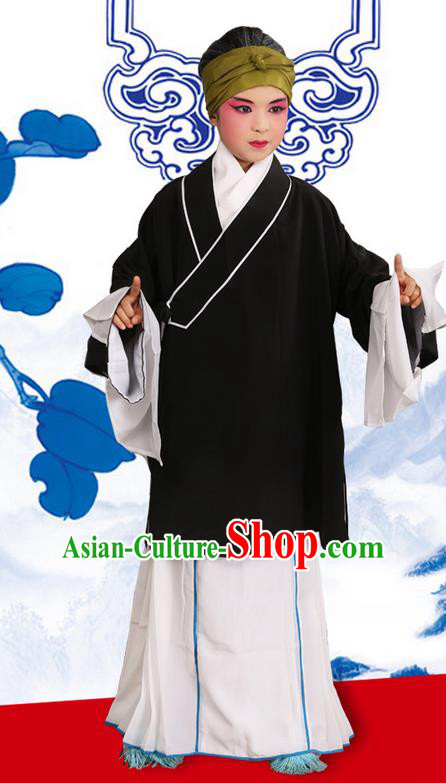 Traditional Chinese Beijing Opera Old Female Black Clothing and Shoes Complete Set, China Peking Opera Children Pantaloon Costume Embroidered Clothing Opera Costumes for Kids