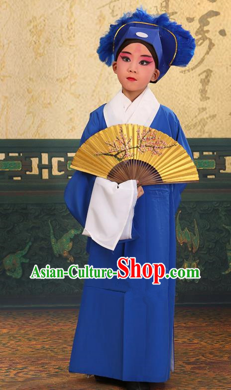 Traditional Chinese Beijing Opera Children Scholar Deep Blue Clothing and Headwear Shoes Complete Set, China Peking Opera Young Man Costume Xu Xian Robe Opera Costumes for Kids