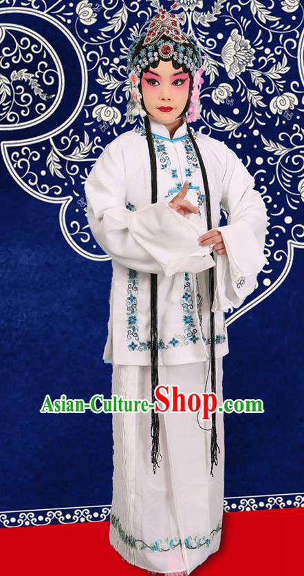 Traditional Chinese Beijing Opera Qingyi Role White Clothing and Headwear Shoes Complete Set, China Peking Opera Diva Role Hua Tan Costume Embroidered Opera Costumes for Kids