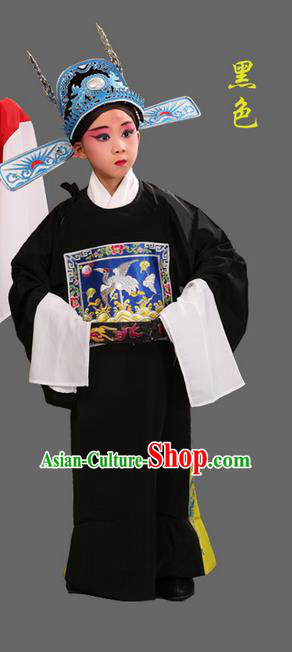 Traditional Chinese Beijing Opera Lang Scholar Black Clothing and Headwear Boots Complete Set, China Peking Opera Sesame official Costume Embroidered Robe Opera Costumes for Kids