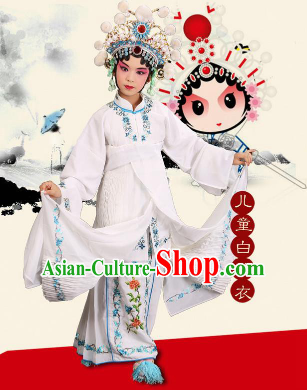 Traditional Chinese Beijing Opera Young Female Clothing and Headwear Boots Complete Set, China Peking Opera Madam White Snake Costume Embroidered Robe Opera Costumes for Kids