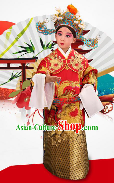 Traditional Chinese Beijing Opera Male Red Clothing and Headwear Boots Complete Set, China Peking Opera Emperor Costume Embroidered Dragon Robe Opera Costumes for Kids