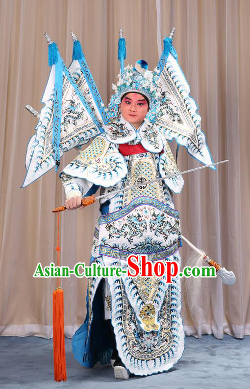 Traditional Chinese Beijing Opera Takefu Green Armour White Clothing and Boots Complete Set, China Peking Opera Martial General Role Costume Embroidered Opera Costumes