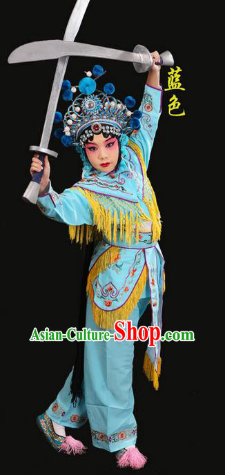 Traditional Chinese Beijing Opera Magic Warriors Blue Clothing and Headwear Shoes Complete Set, China Peking Opera Women Pawn Dress Costume Embroidered Opera Costumes for Kids