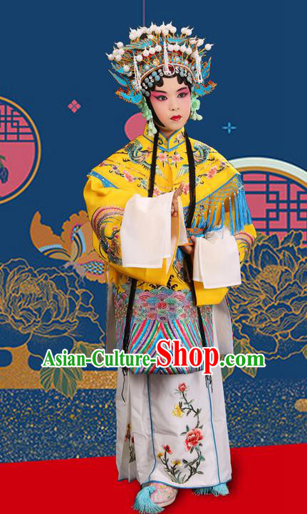 Traditional Chinese Beijing Opera Imperial Empress Clothing and Phoenix Headwear Shoes Complete Set, China Peking Opera Imperial Consort Costume Embroidered Opera Costumes for Kids