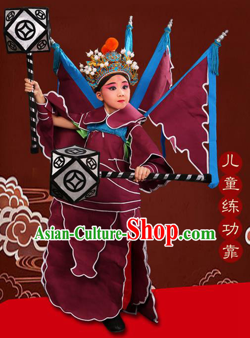 Traditional Chinese Beijing Opera Takefu Clothing Complete Set, China Peking Opera Martial General Role Costume Embroidered Opera Costumes for Kids