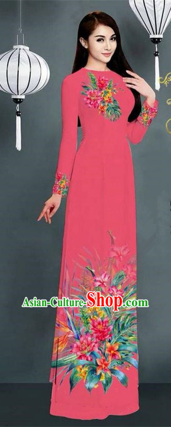 Traditional Top Grade Asian Vietnamese Ha Festival Printing Model Ao Dai Dress, Vietnam National Jing Nationality Pink Cheongsam Costumes for Women