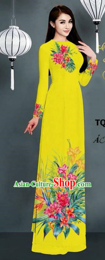 Traditional Top Grade Asian Vietnamese Ha Festival Printing Model Ao Dai Dress, Vietnam National Jing Nationality Yellow Cheongsam Costumes for Women