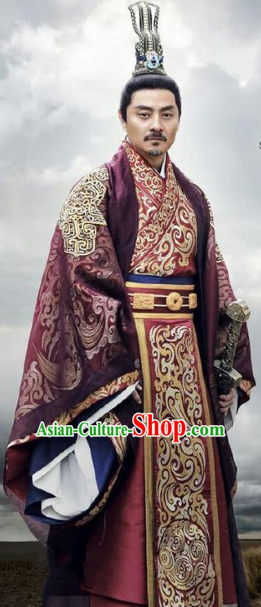 Traditional Chinese Ancient Warring States Time Imperial Magnate Male Costumes, Song of Phoenix Palace King Hanfu Clothing and Handmade Headpiece Complete Set