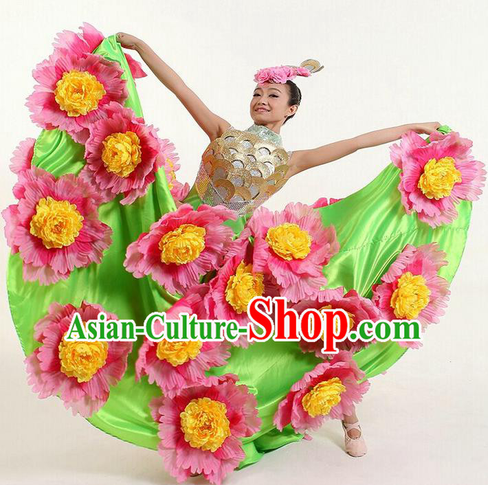 Top Grade Compere Professional Compere Costume, Chorus Flowers Dress Modern Opening Dance Big Swing Green Dress for Women