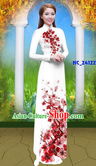 Traditional Top Grade Asian Vietnamese Ha Festival 3D Printing Azalea Bride Ao Dai Dress, Vietnam National Jing Nationality Princess Cheongsam Costumes for Women