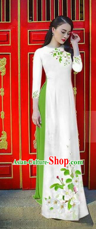 Traditional Top Grade Asian Vietnamese Ha Festival Bride Printing Ao Dai Dress, Vietnam Women National Jing Nationality Princess White Cheongsam Costumes