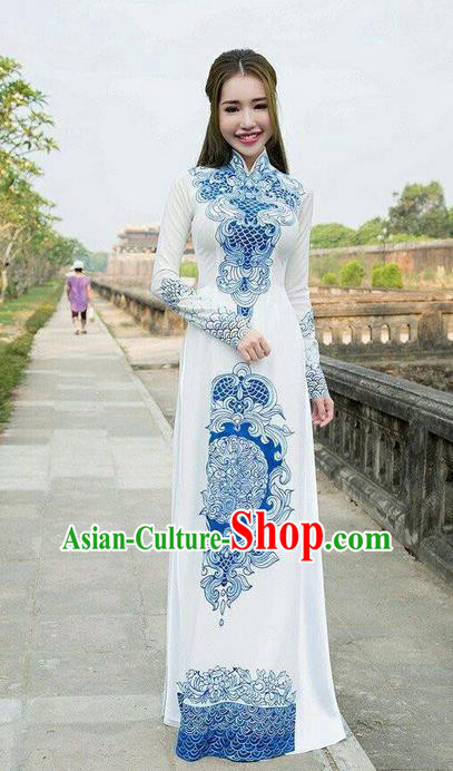 Traditional Top Grade Asian Vietnamese Ha Festival Printing Ao Dai Dress, Vietnam Women National Jing Nationality Princess Blue and White Porcelain Cheongsam Bride Costumes