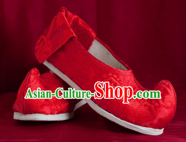 Traditional Chinese Peking Opera Shoes, China Ancient Bride Handmade Red Shoes, Chinese Tang Dynasty Princess Embroidered Cloth Shoes for Women