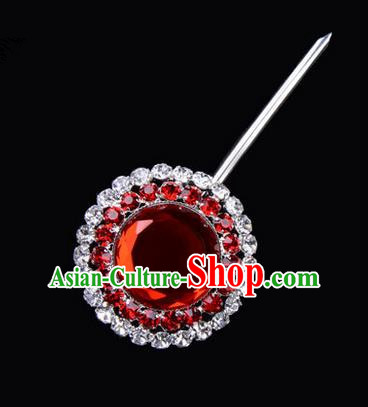 Chinese Ancient Peking Opera Pink Flowers Hair Accessories Headwear, Traditional Chinese Beijing Opera Head Ornaments Hua Tan Double Ring Red Crystal Bulb Hairpins