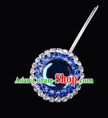 Chinese Ancient Peking Opera Pink Flowers Hair Accessories Headwear, Traditional Chinese Beijing Opera Head Ornaments Hua Tan Double Ring Blue Crystal Bulb Hairpins