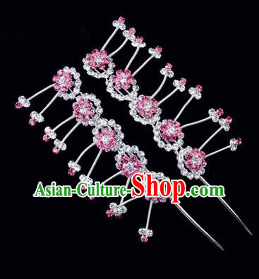 Chinese Ancient Peking Opera Hair Accessories Young Lady Headwear, Traditional Chinese Beijing Opera Head Ornaments Hua Tan Plum Blossom Pink Crystal Hairpins