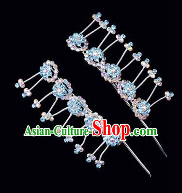 Chinese Ancient Peking Opera Hair Accessories Young Lady Headwear, Traditional Chinese Beijing Opera Head Ornaments Hua Tan Plum Blossom Colorful Blue Crystal Hairpins