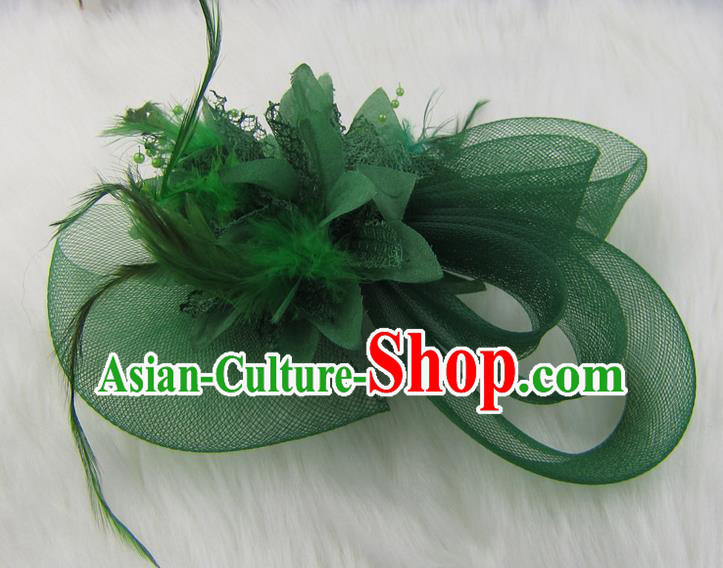 Top Modern Dance Hair Accessories Hair Clasp, Female Green Feather Veil Ornament Headband for Women