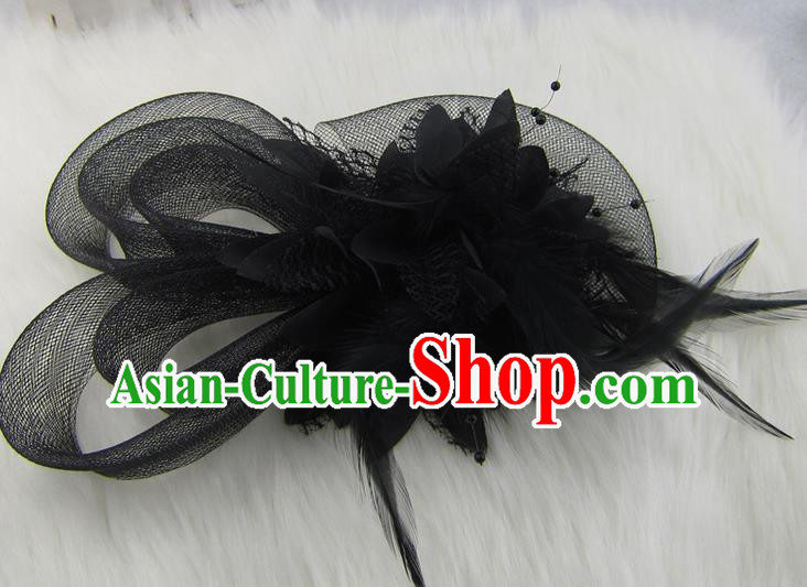 Top Modern Dance Hair Accessories Hair Clasp, Female Black Feather Veil Ornament Headband for Women