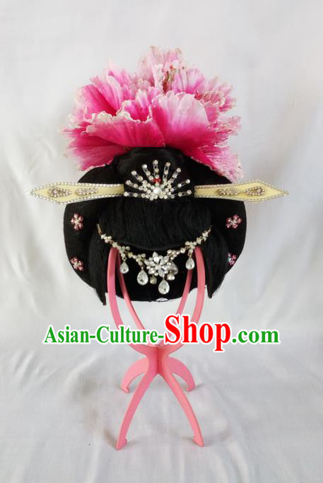 Traditional Chinese Peking Opera Imperial Concubine Headgear Wigs and Hair Accessories Complete Set, China Tang Dynasty Palace Lady High-grade Headwear for Women