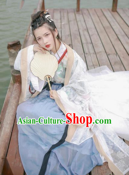Traditional Chinese Ancient Jin Dynasty Princess Costumes, China Hanfu Embroidered Cardigan Blouse and Ru Skirt Complete Set for Women