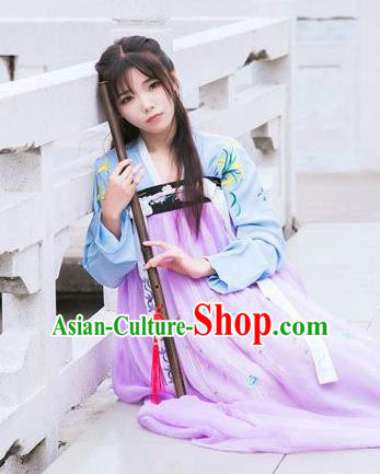 Traditional Chinese Ancient Tang Dynasty Young Lady Costumes, China Princess Hanfu Embroidered Blouse and Ru Skirt Complete Set for Women