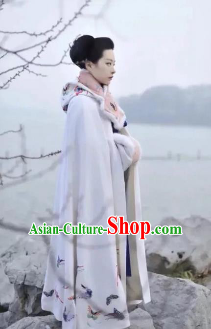 Traditional Chinese Ancient Song Dynasty Noble Lady Costumes, China Princess Hanfu Embroidered Butterfly White Cloak Mantle for Women