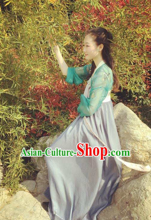 Traditional Chinese Ancient Tang Dynasty Young Lady Costumes, China Princess Hanfu Embroidered Green Blouse and Ru Skirt Complete Set for Women