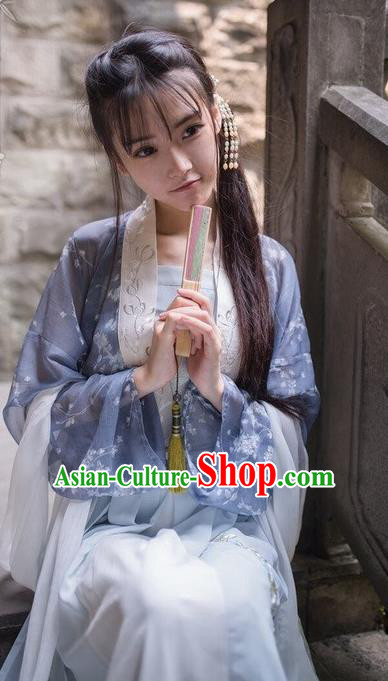Traditional Chinese Ancient Tang Dynasty Young Lady Costumes, China Princess Hanfu Embroidered Wintersweet Suspenders Blouse and Ru Skirt Complete Set for Women