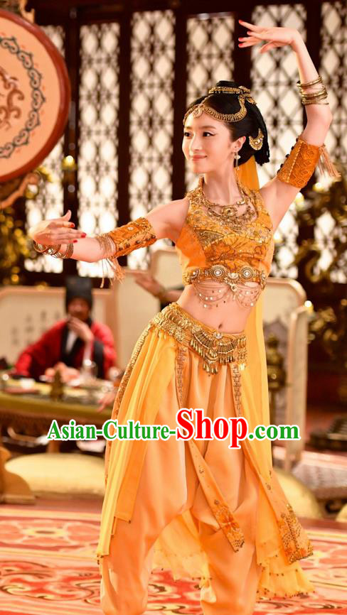 Chinese Ancient Tang Dynasty Palace Lady Qiuci Dance Costume and Headpiece Complete Set, Traditional Chinese Ancient Peri Flying Dance Dress Clothing for Women