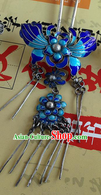 Traditional Handmade Chinese Ancient Classical Hair Accessories Barrettes Sliver Blueing Hairpin, Butterfly Step Shake Hair Sticks Tassel Hairpins for Women