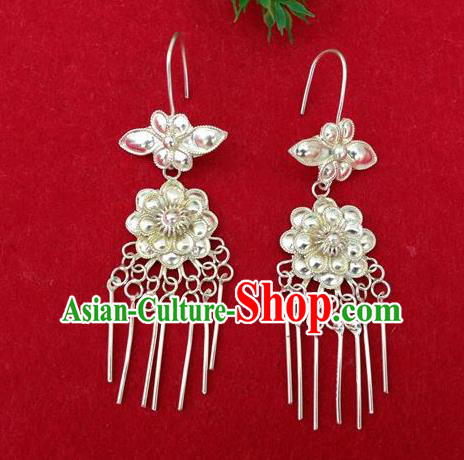 Traditional Handmade Chinese Ancient Classical Earrings Accessories Pure Sliver Peony Tassel Peacock Eardrop for Women