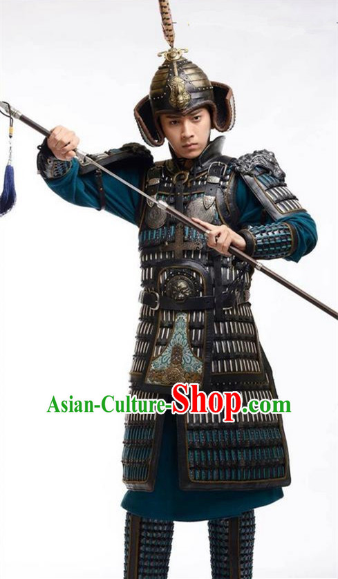 Chinese Ancient Tang Dynasty General Commander Armour Costume and Headwear Complete Set, Traditional Chinese Ancient Warrior Helmet Clothing for Men