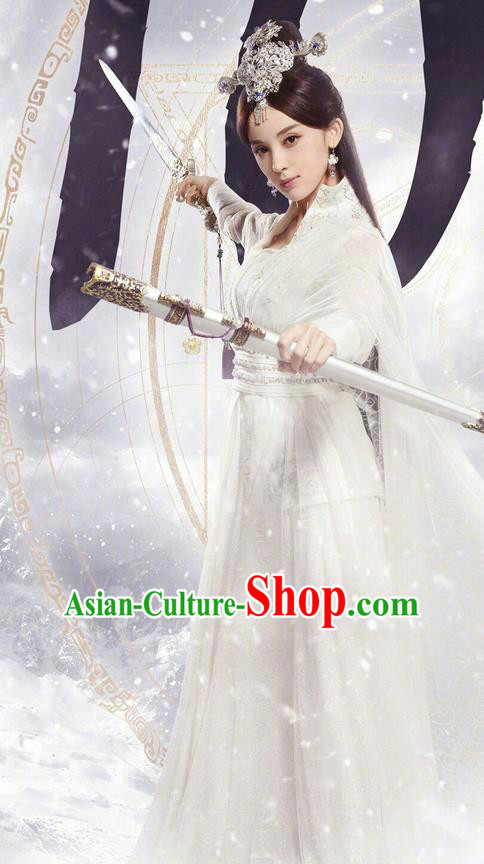 Chinese Ancient Tang Dynasty Peri Saintess Costume and Headwear, Fighter of the Destiny Traditional Chinese Ancient Princess Swordswoman Clothing Complete Set
