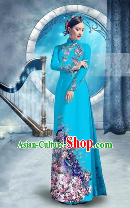 Top Grade Asian Vietnamese Traditional Dress, Vietnam Bride Ao Dai Dress, Princess Wedding Printing Peacock Blue Cheongsam Clothing for Women