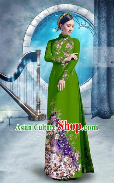 Top Grade Asian Vietnamese Traditional Dress, Vietnam Bride Ao Dai Dress, Princess Wedding Printing Peacock Deep Green Cheongsam Clothing for Women
