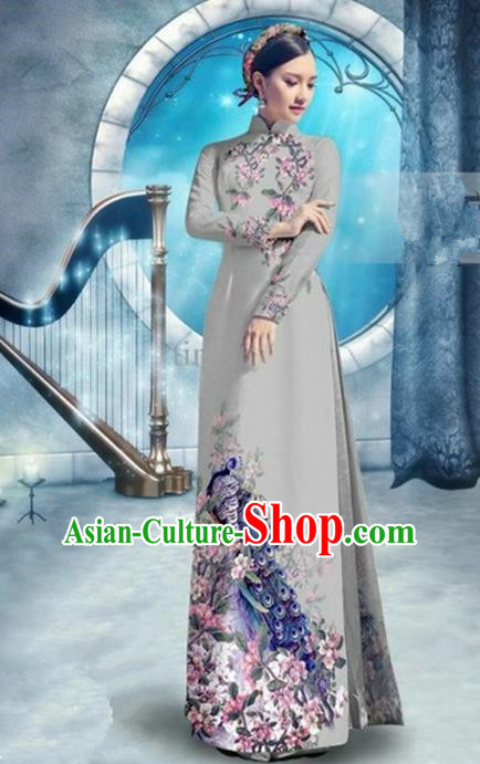 Top Grade Asian Vietnamese Traditional Dress, Vietnam Bride Ao Dai Dress, Princess Wedding Printing Peacock Grey Cheongsam Clothing for Women