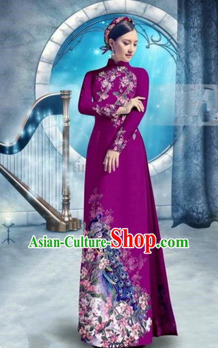 Top Grade Asian Vietnamese Traditional Dress, Vietnam Bride Ao Dai Dress, Princess Wedding Printing Peacock Wine Red Cheongsam Clothing for Women