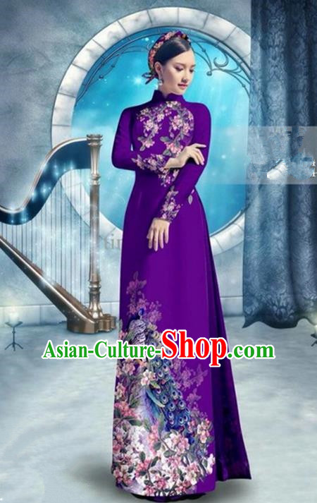 Top Grade Asian Vietnamese Traditional Dress, Vietnam Bride Ao Dai Dress, Princess Wedding Printing Peacock Purple Cheongsam Clothing for Women