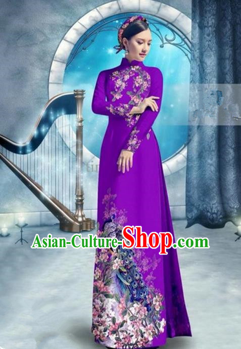 Top Grade Asian Vietnamese Traditional Dress, Vietnam Bride Ao Dai Dress, Princess Wedding Printing Peacock Light Purple Cheongsam Clothing for Women