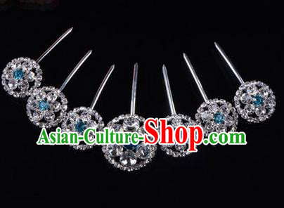 Chinese Ancient Peking Opera Hair Accessories Young Lady Headwear, Traditional Chinese Beijing Opera Head Ornaments Hua Tan Blue Crystal Hairpins Complete Set